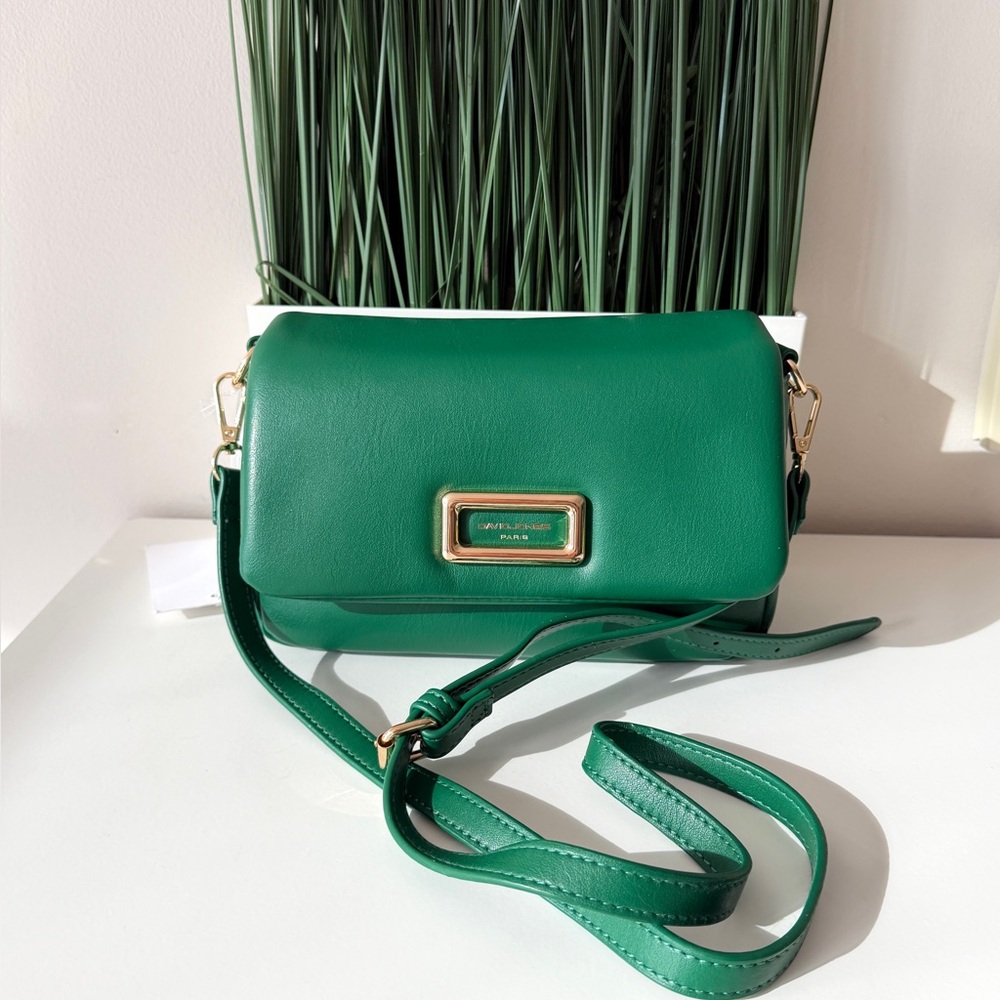 David Jones Green Leather Crossbody Bag Gold Hardware Adjustable Strap NEW - Picture 2 of 11